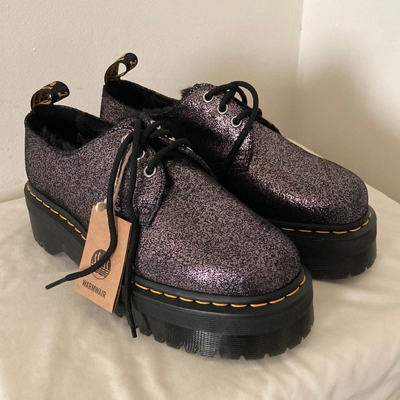 Dr Martens Shoes 1461 Quad Metallic Leather Faux Fur Lined Platform Oxford NWT 9 - Picture 2 of 9